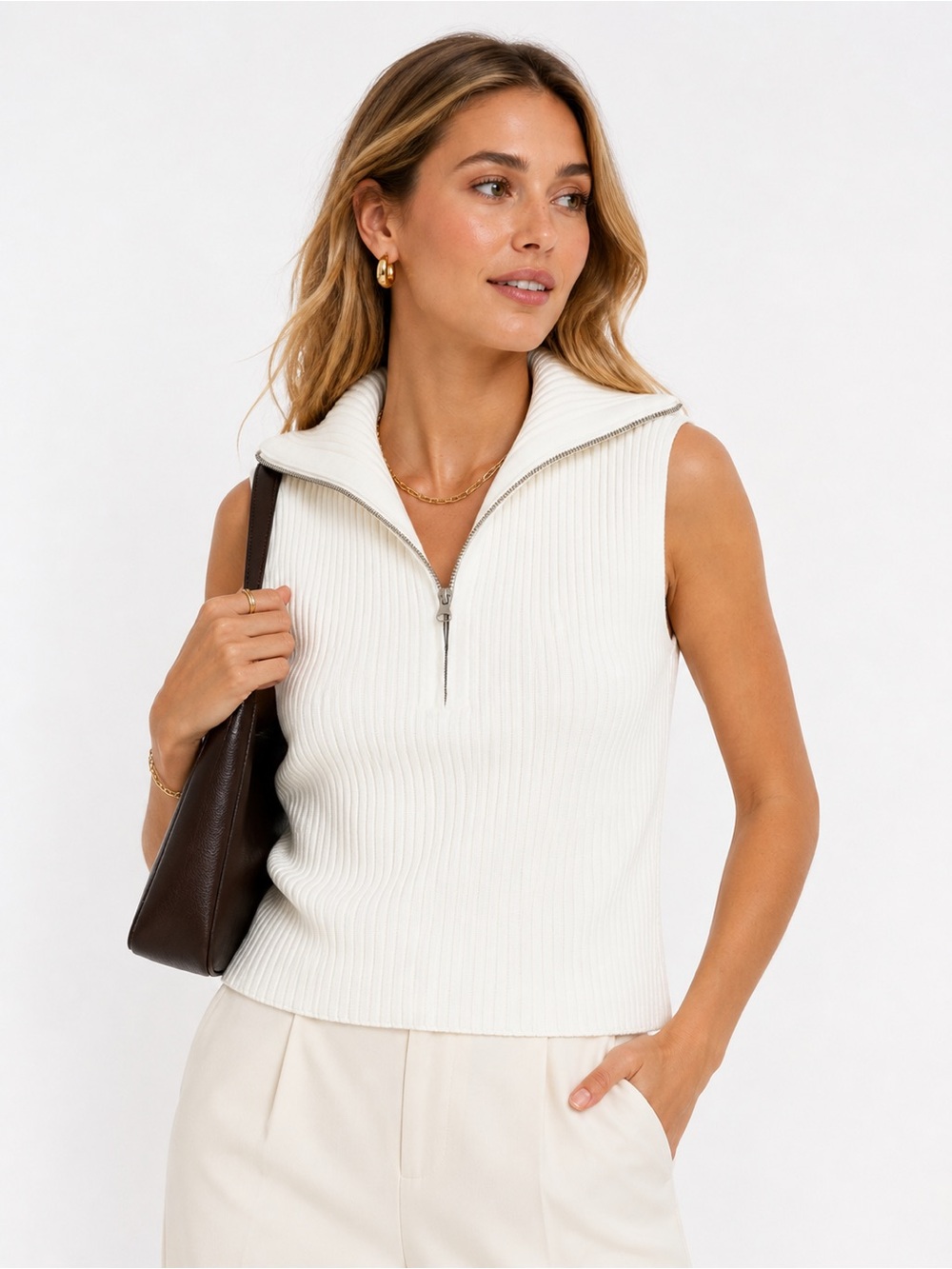 Jason Wu Ribbed Sleeveless Zip Mock Neck Top NWT White Size L